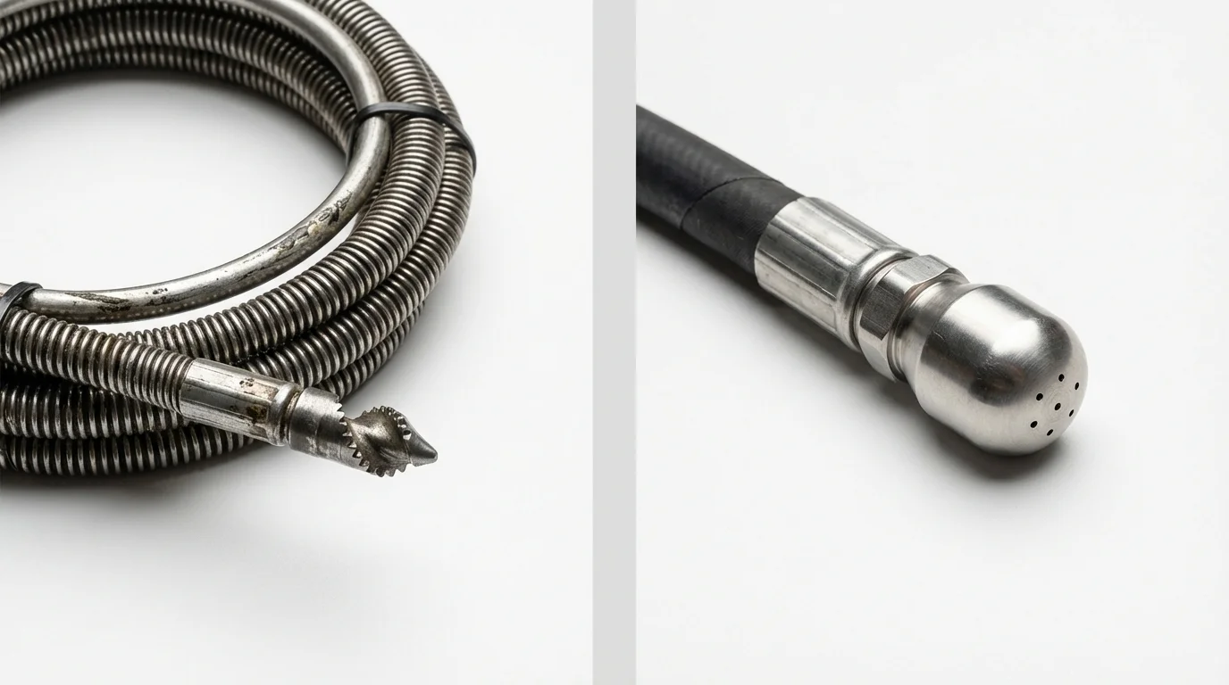 Drain snake cable and hydro jetting nozzle used for drain cleaning in Batesville, IN
