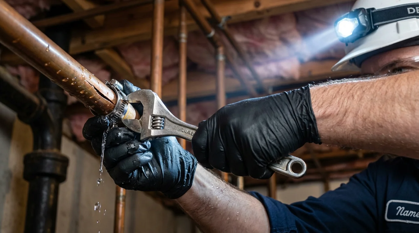 Emergency pipe clamp repair being performed by a Johns Plumbing LLC plumber in Batesville