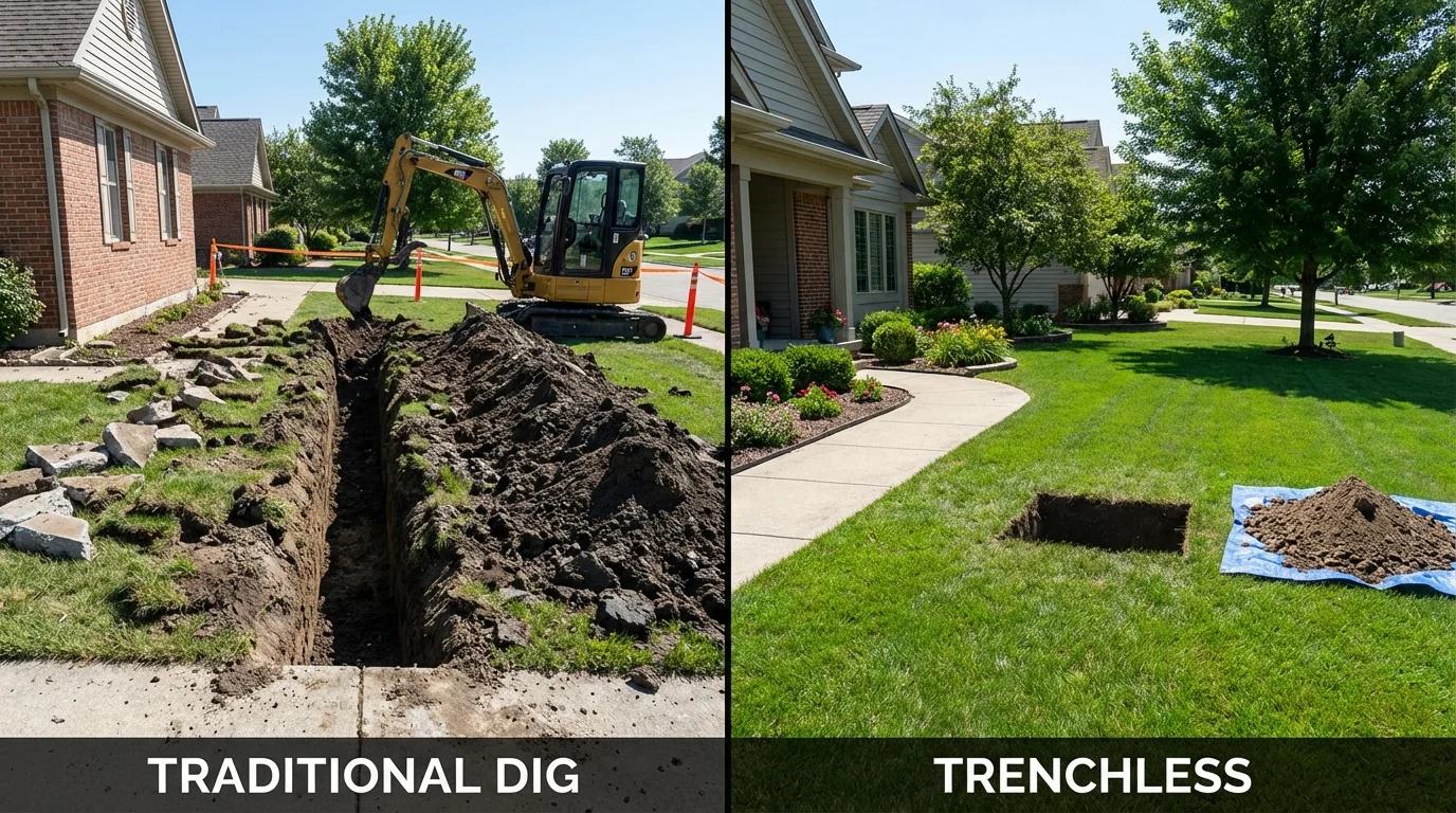 Trenchless sewer repair with minimal yard damage versus traditional excavation in Batesville, IN