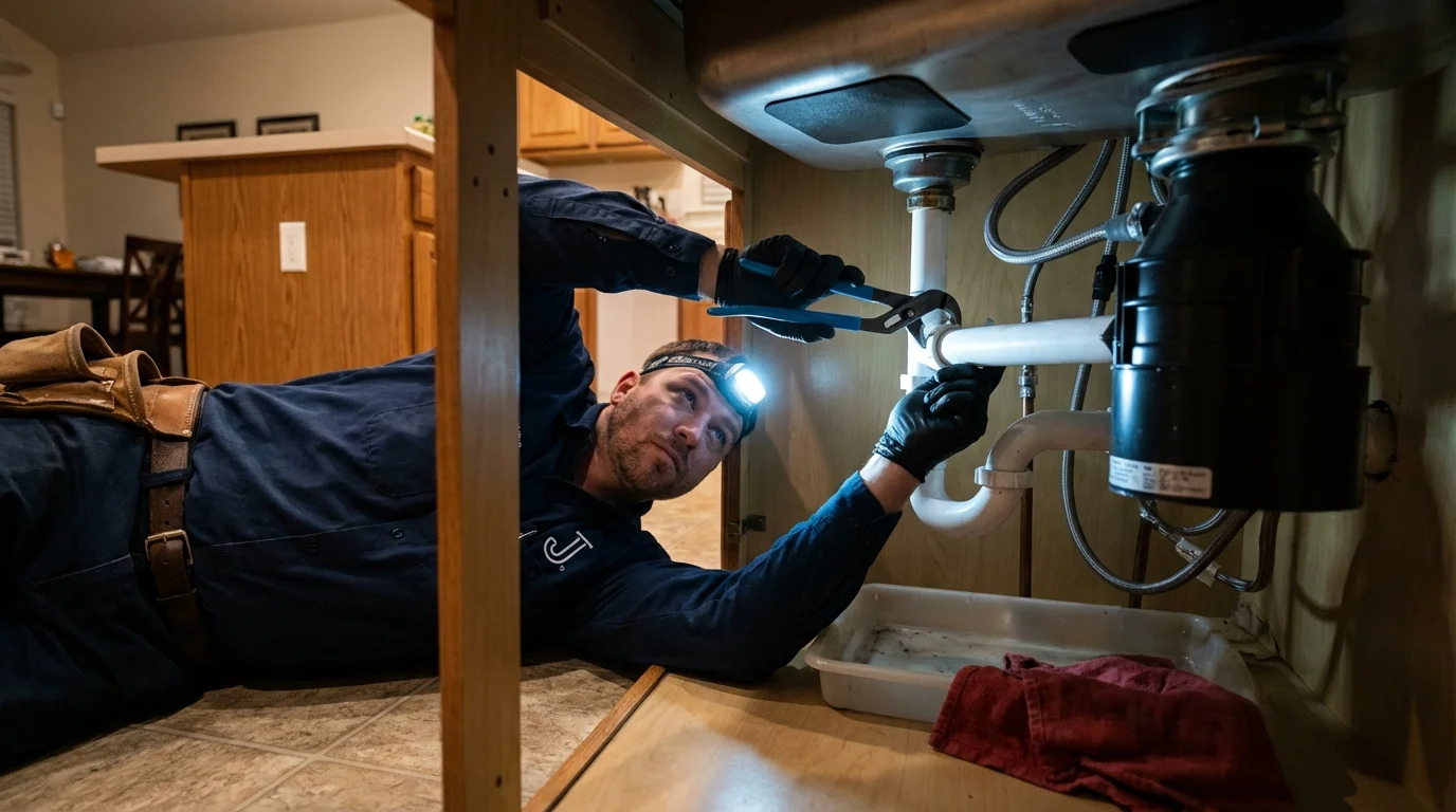 P-trap and supply line connections under a kitchen sink showing a common leak point in Batesville, IN